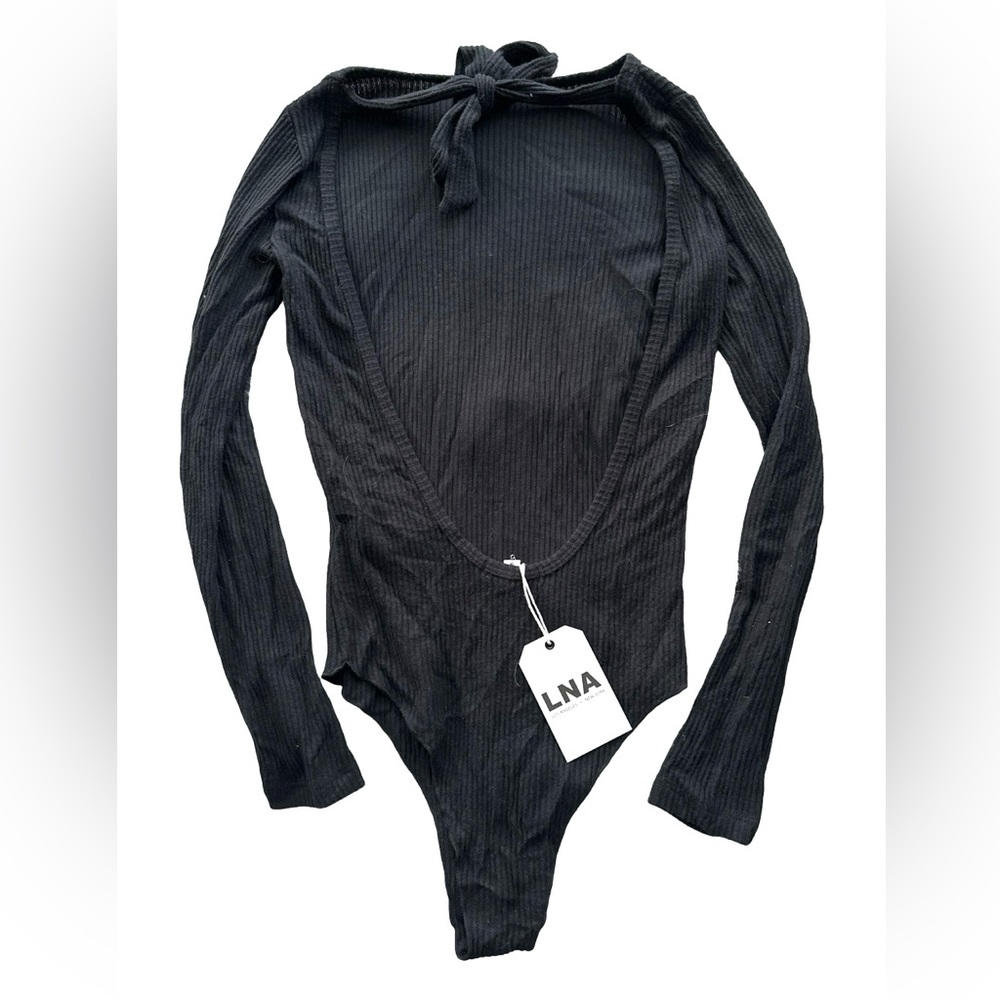 LNA Black Ribbed Long Sleeve Bodysuit